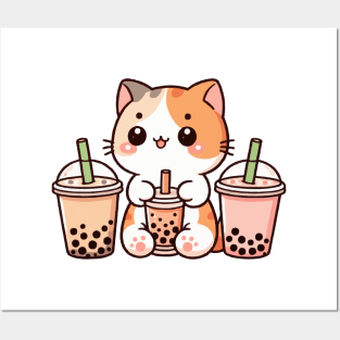 Funny Cat With three Boba Posters and Art